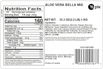 Yupik Trail Mix, Aloe Vera Bella, 2.2 Lb, A Mix Of Raisins, Banana Chips, Cranberries, Papaya, Mulberries, Almonds, And Shavings Of Aloe Vera, Pack Of 1