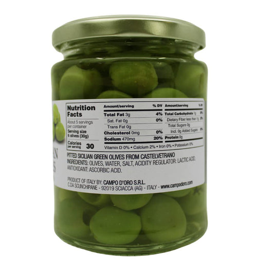 Sicilian Pitted Green Olives In Brine (Pitted) 10.58 Oz. Castelvetrano Olives, Product Of Italy, Martini Olives, Non-Gmo By Campo D'Oro