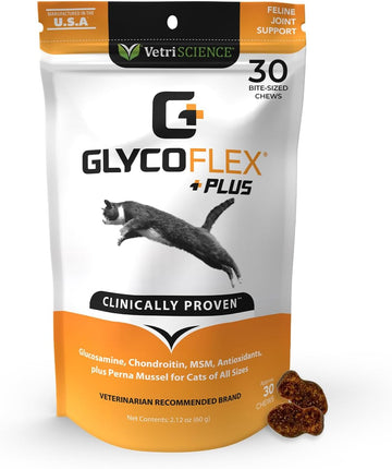 VetriScience GlycoFlex Plus, Clinically Proven Joint Support Cat Supplements - Joint Health Supplement with Glucosamine, Chondroitin, MSM, and DMG - 30 Chews, Fish Flavor?