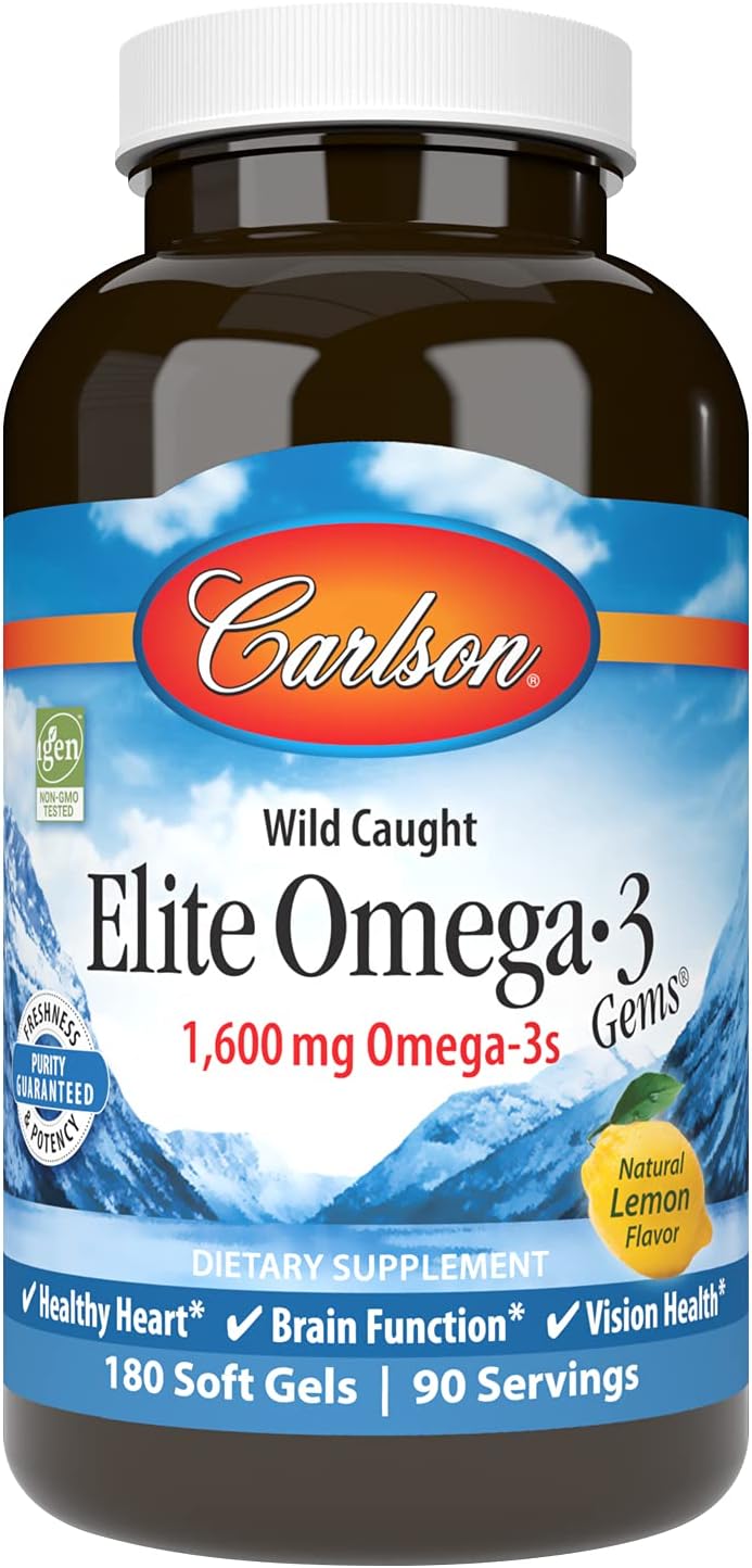 Carlson - Elite Omega-3 Gems, 1600 Mg Omega-3 Including Epa And Dha, Norwegian, Wild-Caught Fish Oil Supplement, Sustainably Sourced, Lemon, 180 Softgels