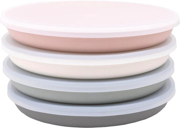 WeeSprout Bamboo, Silicone, Melamine Dishware Plate with Lids, Set of 4, Kid-Sized Design for Leftovers, Dishwasher Safe (Pink, Green, Gray, and Beige)