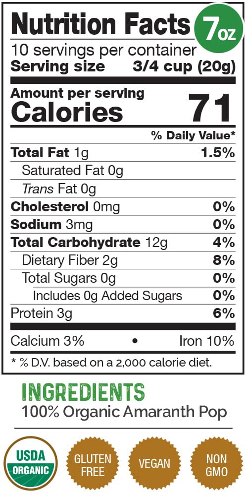 HerbaZest Amaranth Pop Organic - 7oz - USDA Certified, Vegan & Gluten Free Superfood - Healthy Addition to Yogurt & Cereal, Granola & Muesli, Salads, Baked and Non-Baked Goods