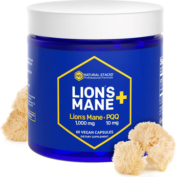 Natural Stacks Lions Mane Supplement With Pqq + Brain Cell Optimizer - Organic Lions Mane Extract For Memory, Learning, Mitochondrial Function - 60 Vegan Lions Mane Mushroom Capsules