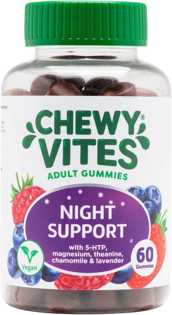 Chewy Vites Adult Night Support, 60 Non-Melatonin Gummies With 5-Htp, Magnesium, Theanine, Chamomile, Lavender, Herbal Night Time Gummies, 1 Months Supply, Berries Flavour