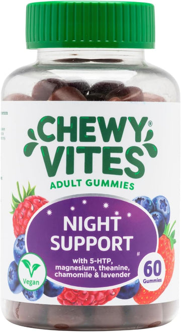 Chewy Vites Adult Night Support, 60 Non-Melatonin Gummies With 5-Htp, Magnesium, Theanine, Chamomile, Lavender, Herbal Night Time Gummies, 1 Months Supply, Berries Flavour
