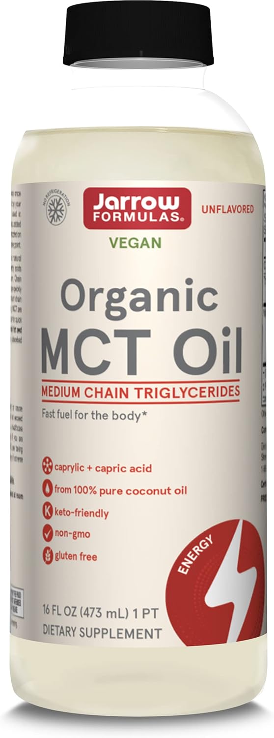 Jarrow Formulas Organic MCT Oil - 16 fl oz - Fast Fuel for Brain & Muscles - Caprylic (C8) + Capric Acid (C10) - Ketogenic Diet Friendly Supplement - Unflavored