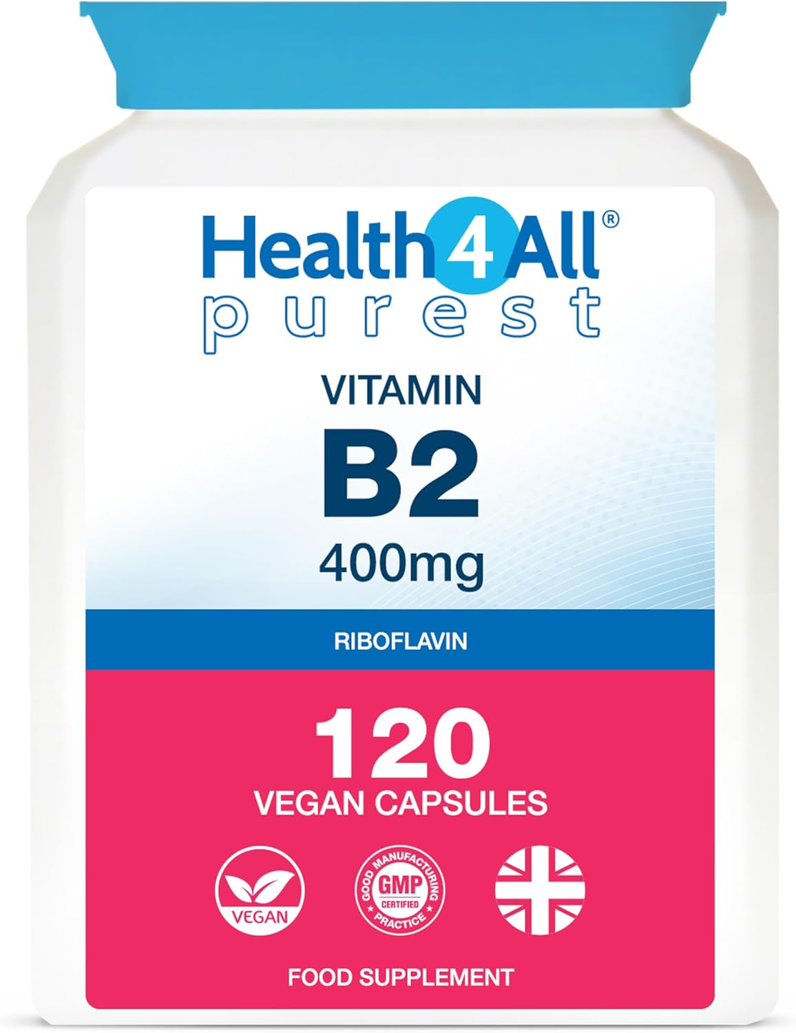 Health4All Vitamin B2 Riboflavin 400Mg Migraine Support 120 Capsules (4 Months Supply) Vegan, No Additives, High Strength Riboflavin Supplement