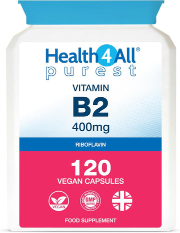 Health4All Vitamin B2 Riboflavin 400Mg Migraine Support 120 Capsules (4 Months Supply) Vegan, No Additives, High Strength Riboflavin Supplement