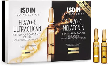 ISDIN Isdinceutics Day and Night Pack | Flavo-C Ultraglican (10 ampoules) and Flavo-C Melatonin (10 ampoules) | Daily Antioxidant Serum and Night Recovery Serum