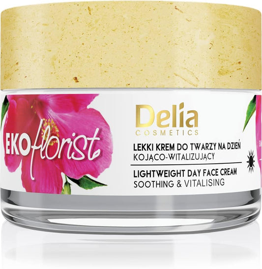 Delia Cosmetics - Ekoflorist - Soothing & Vitalizing Day Cream - Light Formula - Vegan, Natural Cosmetic - Shea Butter, Argan Oil And Hibiscus Extract - Moisturized, Nourished Skin - Anti Aging - 50Ml
