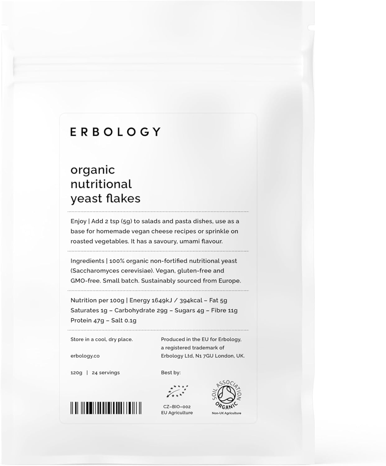 Erbology Organic Nutritional Yeast Flakes 120g - 24 Servings - Non-fortified - Immunity and Gut Health Support - Rich in B Vitamins - Sustainably Sourced in Europe - Vegan - Gluten-free - GMO-free