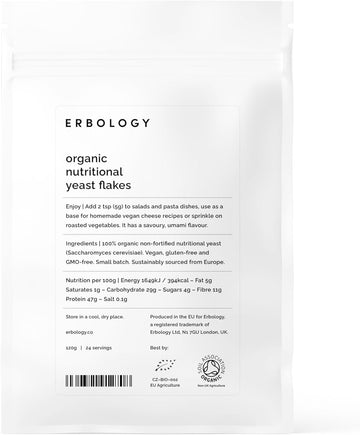 Erbology Organic Nutritional Yeast Flakes 120g - 24 Servings - Non-fortified - Immunity and Gut Health Support - Rich in B Vitamins - Sustainably Sourced in Europe - Vegan - Gluten-free - GMO-free