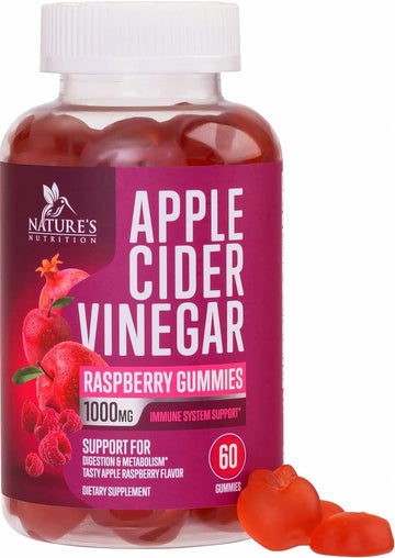 Vegan Apple Cider Vinegar Gummies 1000mg for Detox and Cleanse, Nature's ACV Gummy Vitamins B12 Supplement for Digestion, Natural Apple Raspberry Flavor, Non-GMO, Gluten Free for Adults - 60 Gummies