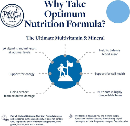 Patrick Holford Optimum Nutrition Formula/The Ultimate, Multi-Vitamin & Mineral Supplement/For Daily & Long-Term Health / 24 Nutrients/Naturally Sourced / 60 Tablets/Vegan/For Women & Men