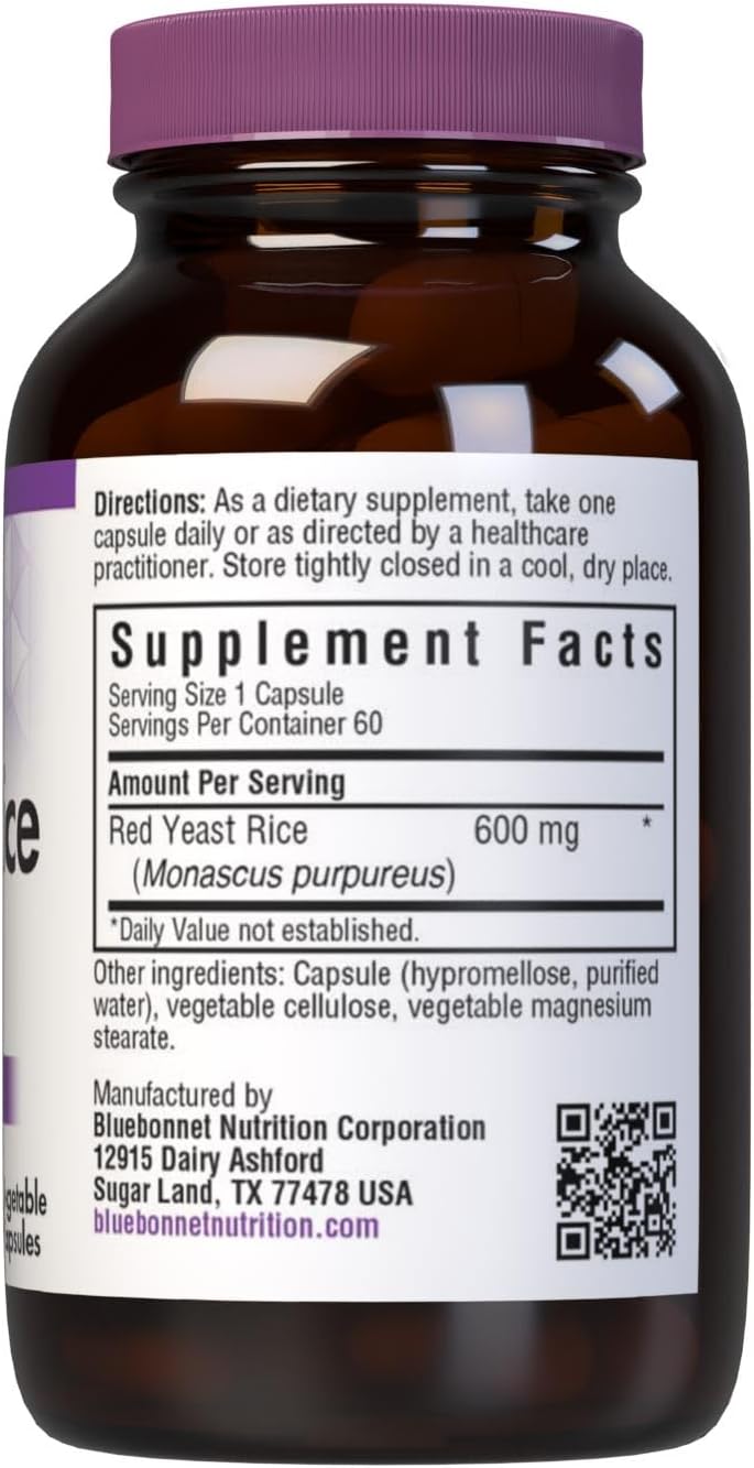 Bluebonnet Nutrition Red Yeast Rice 600 Mg, Non-Gmo, Vegan, Kosher Certified, Gluten-Free, Soy-Free, Dairy-Free, 60 Vegetable Capsules, 60 Servings : Health & Household