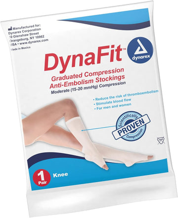 Dynarex Dynafit Compression Stockings Knee High, 15–20 Mmhg, Help Prevent Blood Clots, Relieve Pain & Varicose Veins, White, Large, 1 Pair Of Stockings