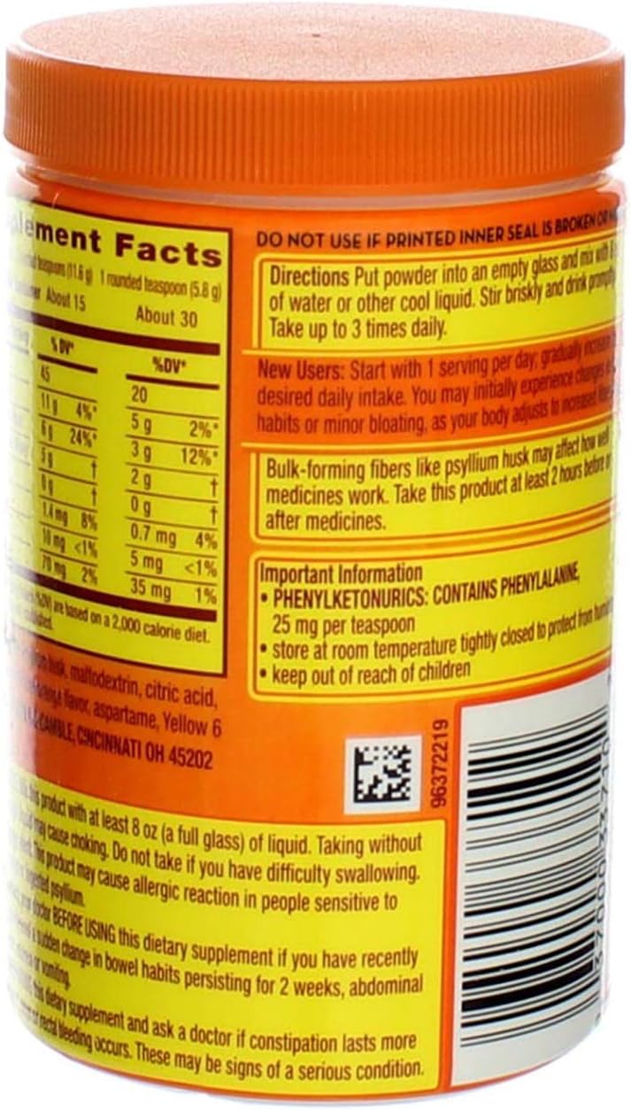 Metamucil Daily Fiber Supplement/Therapy for Regularity, Sugar Free, Orange Smooth, 6.1 oz (Pack of 3) : Health & Household