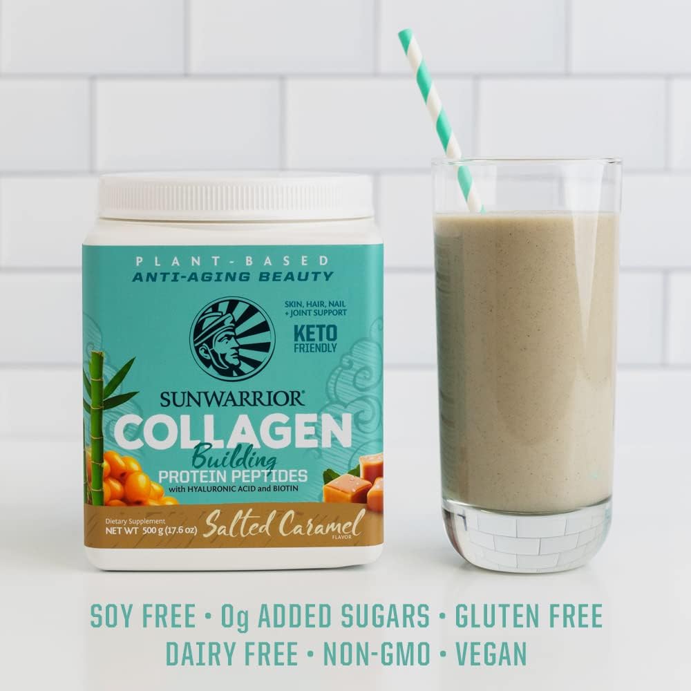 Sunwarrior Vegan Collagen Protein Powder Plant-Based | Hyaluronic Acid Minerals Biotin Soy Free Dairy Free Gluten Free Non-GMO | Salted Caramel 20 Servings | Collagen Building Peptides : Health & Household