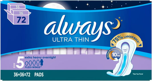 Always Ultra Thin, Size 5, Extra Heavy Overnight Pads with Wings, (72 Count) : Health & Household