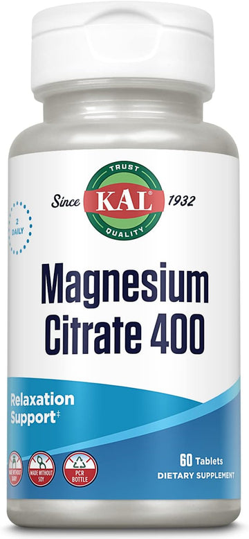 Kal Magnesium Citrate 400Mg, Magnesium Supplement For Healthy Muscle Function, Relaxation, Nerve And Circulation Support, Rapid Disintegration Activtabs, Vegan, Gluten Free, 30 Servings, 60 Tablets