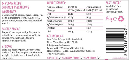 Mrs Crimble'S Gluten Free Vegan Coconut Macaroons, Premium Quality, Certified Free From Gluten, Wheat Free & Vegetarian Friendly, Pack Of 6 180G