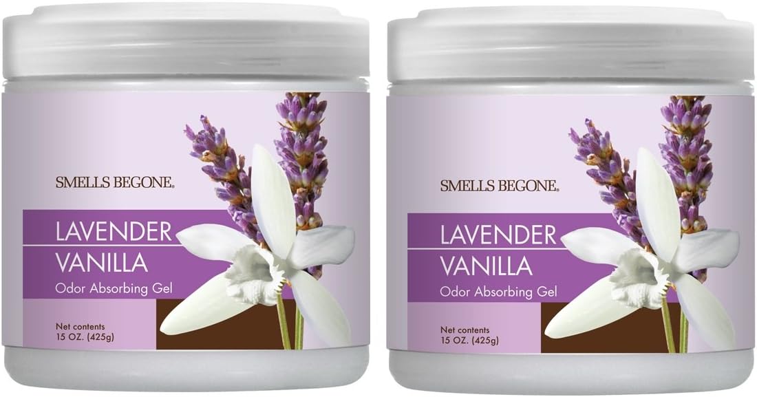 SMELLS BEGONE Air Freshener Odor Absorber Gel - Made with Essential Oils - Absorbs and Eliminates Odor in Pet Areas, Bathrooms, Cars, & Boats - Lavender Vanilla Scent - 15 Ounce - 2 Pack