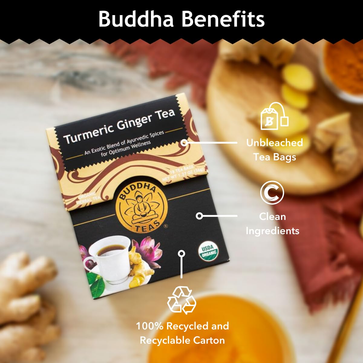 Buddha Teas Organic Turmeric Ginger Tea - Ou Kosher, Usda Organic, Ccof Organic, 18 Bleach-Free Tea Bags