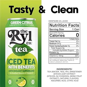 Ryl Iced Tea, Green Citrus Tea, Antioxidant Superblend, Zero Sugar, Low Carb, Zero Calorie - 16.0 Fl Oz (12-Pack)