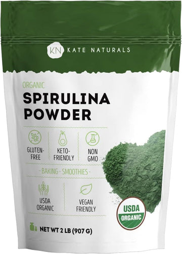 Kate Naturals Organic Spirulina Powder (2 lb) for Immune Support and Antioxidants USDA Certified. Natural. Non-GMO. Gluten-Free. Nutrient Dense Superfood Supplement