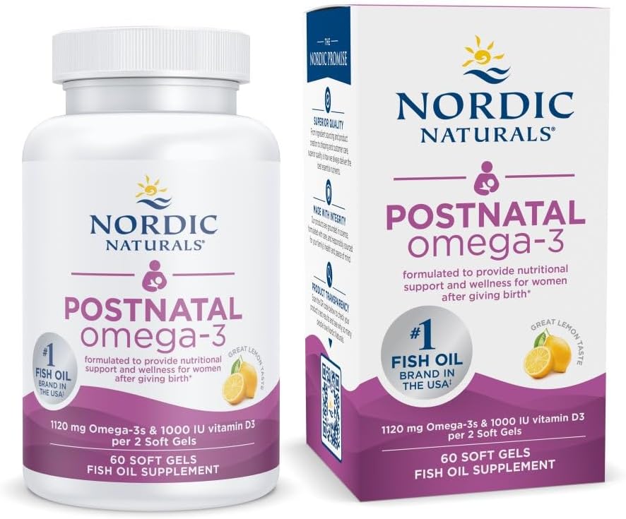 Nordic Naturals Postnatal Omega-3, Lemon - 60 Soft Gels - 1120 Total Omega-3 + 1000 IU Vitamin D3 - Formulated for New Moms; Supports Optimal Wellness, Positive Mood, Healthy Metabolism - 30 Servings