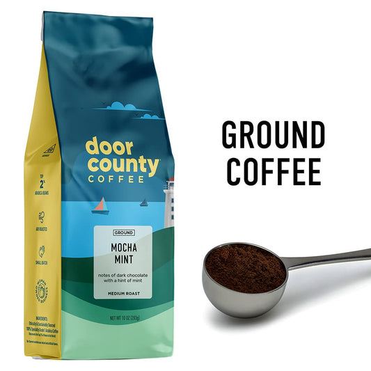 Door County Coffee Mocha Mint Flavored Coffee Ground | 10 Oz Bag | Flavored Ground Coffee Medium Roast | 100% Specialty Arabica Coffee Ground | Flavored Gourmet Coffee | Mocha Mint Coffee
