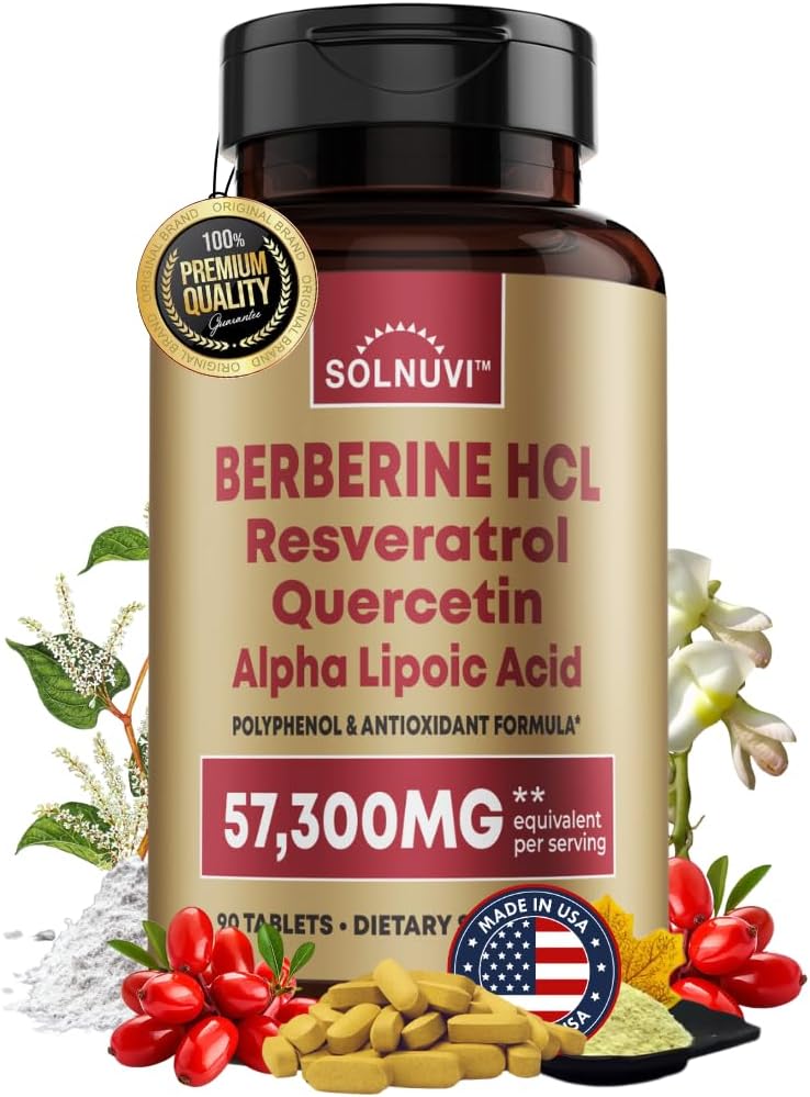 Premium Berberine Supplement With Resveratrol Quercetin Alpha Lipoic Acid - 50:1 Berberine Hcl Complex 1950Mg Potent Antioxidants, Polyphenols, Vitality Boost - 90 Vegan Tablets, Non-Gmo, Gluten-Free
