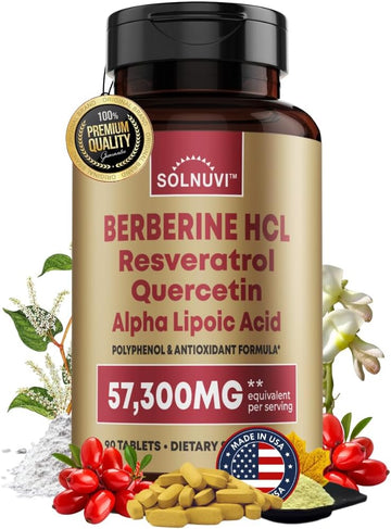 Premium Berberine Supplement With Resveratrol Quercetin Alpha Lipoic Acid - 50:1 Berberine Hcl Complex 1950Mg Potent Antioxidants, Polyphenols, Vitality Boost - 90 Vegan Tablets, Non-Gmo, Gluten-Free