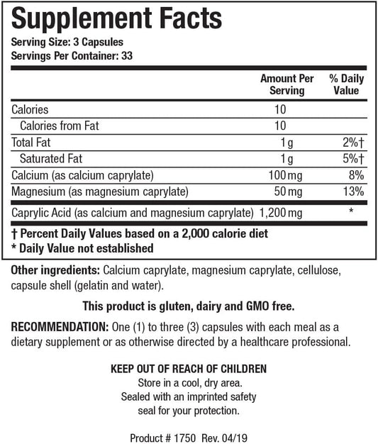 Biotics Research Caprin Caprylic Acid 1200 Milligram Serving. Gastrointestinal Support, Calcium, Magnesium Added, Aids In Gut Microbial Balance 100 Caps