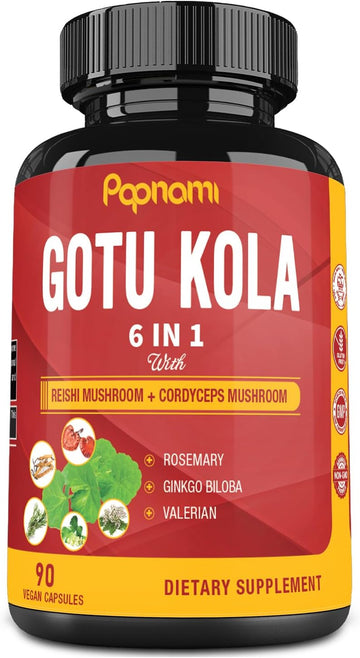 Organic Gotu Kola Extract Capsules With Reishi, Cordyceps, Rosemary, Gingko Biloba & Valerian Root - 90 Counts For 3 Months - Supports Brain, Immunity, Skin & Heart Health