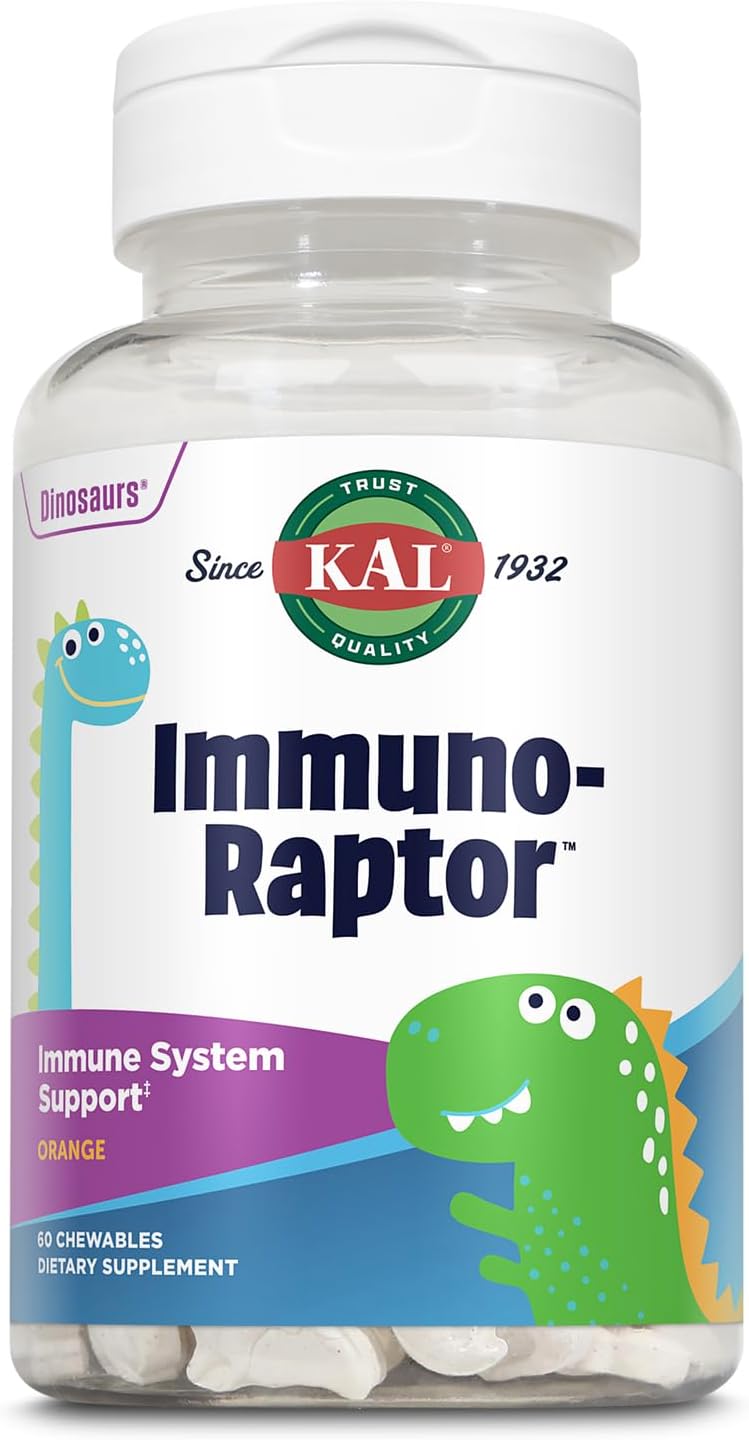 KAL ImmunoRaptor Kids Immune Support Chewables, Vitamin C and Zinc for Healthy Cell Function, Dinosaur Shaped, Orange avor, Gluten, Lactose, and Peanut-Free, Sweetened with Xylitol, 60 Servings