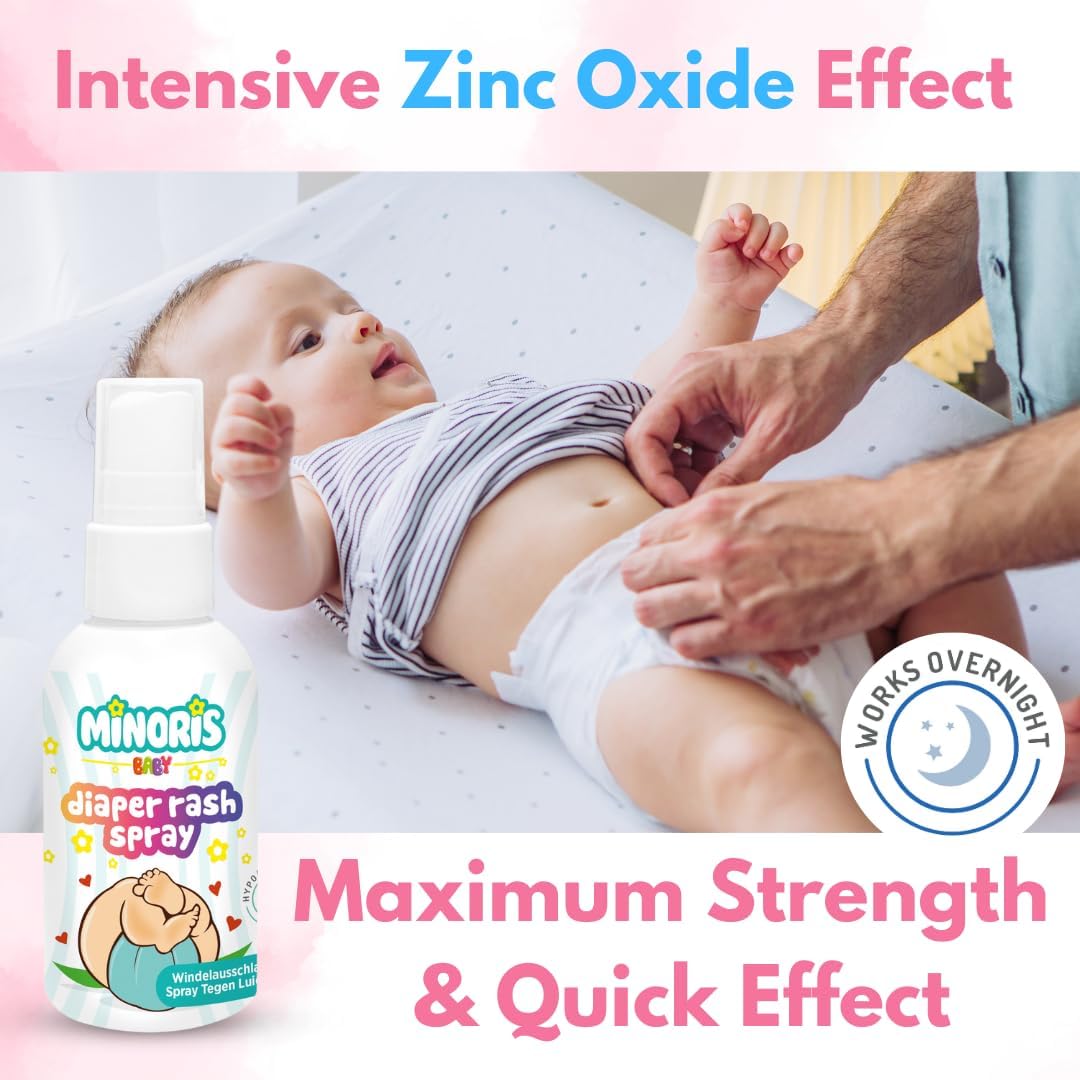 Minoris Baby Nappy Rash Spray, Diaper Rash Spray, Organic, Mineral & Vegan Content, Zinc Oxide, Hypoallergenic, Shea Butter, Soothe, Protection Baby Diaper Rash, Dermatological Tested, No-Touch 100Ml