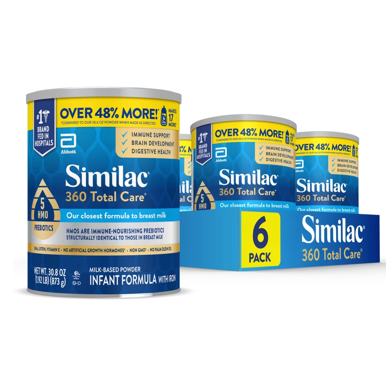 Similac 360 Total Care Infant Formula, Has 5 HMO Prebiotics, Our Closest Prebiotic Blend to Breast Milk, Non-GMO,‡ Baby Formula Powder, 30.8-oz Value Can, Pack of 6