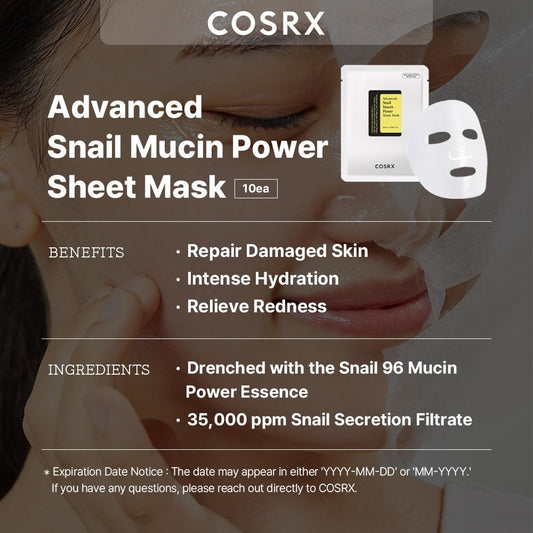 Cosrx Snail Mucin Sheet Mask 10 Ea With Snail Mucin Serum, Self Care, Face Masks For Dry, Sensitive Skin, Not Tested On Animals, No Parabens, No Sulfates, Korean Skin Care