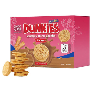 Choczero Churro Creme Vanilla Sandwich Cookies - Low Sugar, Gluten Free, Keto Friendly Dunkies (1 Box, 9Oz)