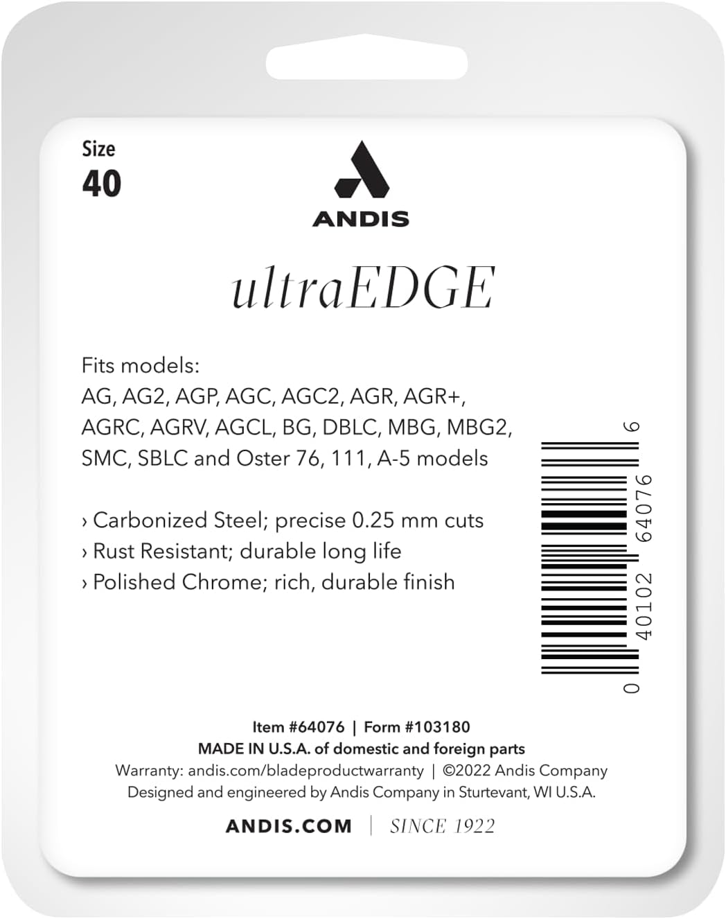 Hair Clippers And Trimmers : Andis - 64076, Ultra Edge Super Blocking Dog Clipper Blade - Built with Carbon-Infused Steel, Sharp Cutting Edges with Zero Gaps, Size-40, Removes Hairs 1/100-Inch - for Full Body Grooming, Chrome