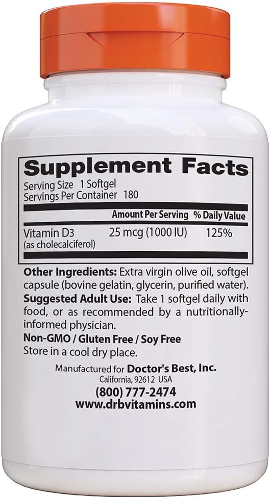 Doctor'S Best Best Vitamin D3 1000 Iu, Softgel Capsules, 180-Count