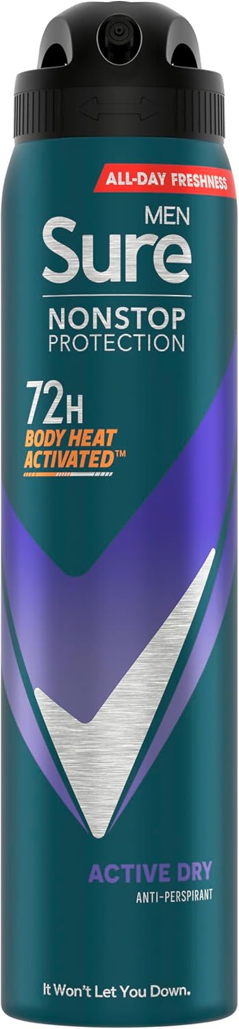 Sure Men Nonstop Protection Active Dry Antiperspirant Deodorant With Body Heat Activated Technology Spray For 72-Hour Odour And Sweat Protection 250 Ml