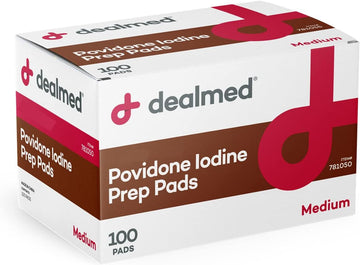 Dealmed Povidone Iodine Prep Pad 10% - Individually Sealed Packets Perfect For Wound Care And Portable First Aid Kits, 100/Box (Pack Of 1)