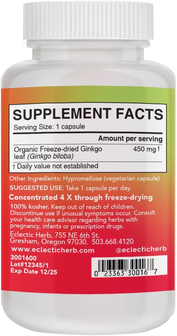 ECLECTIC INSTITUTE Raw Freeze-Dried Non-GMO Ginkgo | Cardiovascular and Circulatory Support, Supports Brain Function, Concentration & Memory | 50 CT (450 mg) : Health & Household