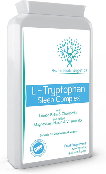 L-Tryptophan Sleep Complex with Lemon Balm & Chamomile and Added Magnesium, Niacin & Vitamin B6 - Natural Alternative to Melatonin - 120 Capsules/ 4 Month Supply ? Made in The UK