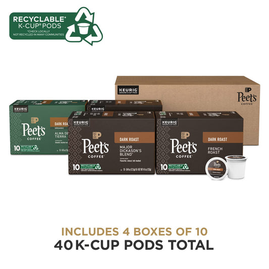 Peet's Coffee, Dark Roast Keurig Coffee Pods Variety Pack - Major Dickason's Blend, French Roast, Organic Alma De La Tierra, House Blend, 40 Count (4 Boxes of 10 K-Cup Pods)