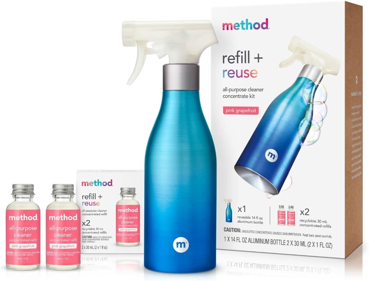 Method All-Purpose Cleaner Concentrates Starter Kit, Pink Grapefruit, 1 Reusable 14 Fl Oz Bottle And 2 Recyclable 1 Fl Oz Refills