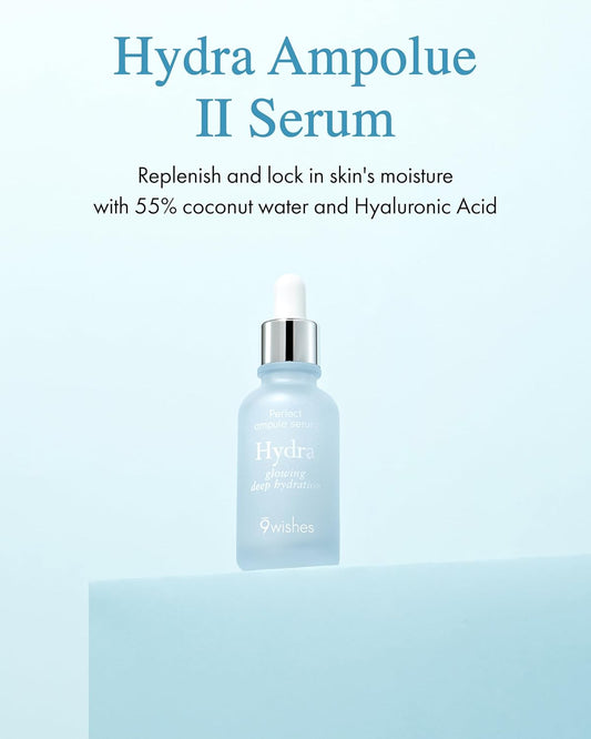 9 Wishes Hydra Ampoule Serum Ii (1.01 Fl. Oz.) - 55% Coconut Water And Hyaluronic Acid, Long-Lasting Moisture For 72 Hours, Korean Glass Skin Effect, Fragrance-Free And Soothing