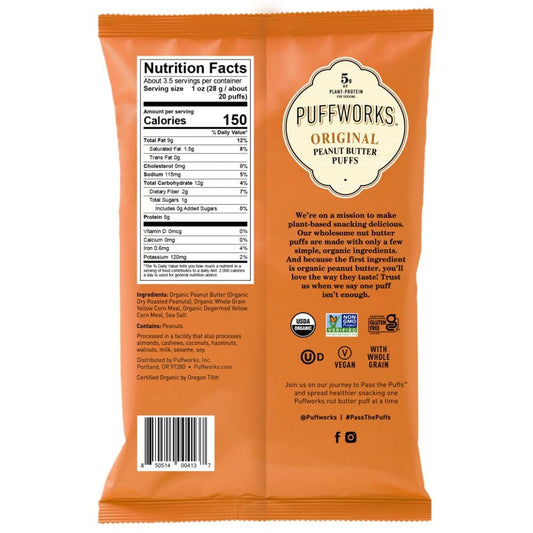 Puffworks Original Organic Peanut Butter Puffs, 1.2 Ounce (Pack of 6), Plant-Based Protein Snack, Gluten- and Rice-Free, Vegan, Kosher